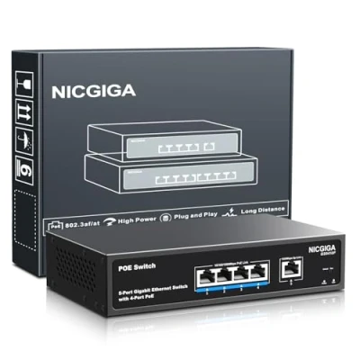 Abbildung von 4 Port Gigabit PoE Switch Unmanaged mit IEEE802.3af/at @78W, 1 x 1000Mbps Uplink, NICGIGA 5 Network Power Over Ethernet Switch, VLAN Modus, Desktop /Wandmontage.