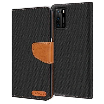 Abbildung von Verco kompatibel mit Huawei P40 Hülle, Schutzhülle für Tasche Denim Textil Book Case Flip Klapphülle, Schwarz
