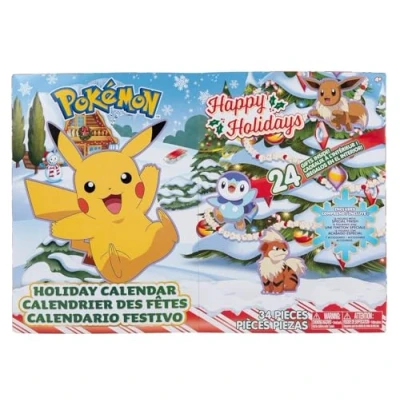Abbildung von Pokèmon PKW2689 Urlaubskalender mit 16 5,1 cm großen Kampffiguren speziellem Finish und acht einzigartigen Accessoires, Mehrfarbig