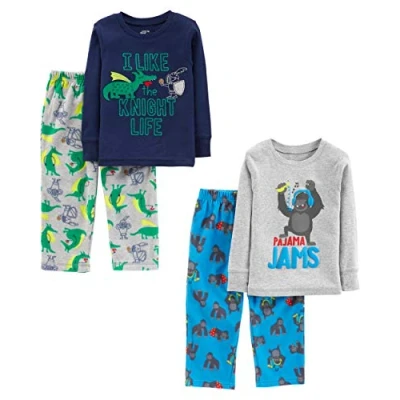 Abbildung von Simple Joys by Carter&#039;s Jungen 4 Piece Pajama Set (Cotton Top &amp; Fleece Bottom) Pyjamaset, Blau Gorilla/Grau Drache/Marineblau Textaufdruck, 2 Jahre