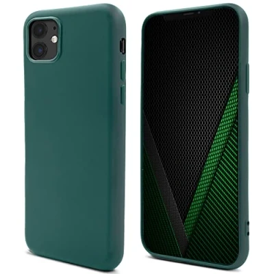 Abbildung von Moozy Lifestyle. Hülle für iPhone 11, Dunkelgrün Silikon Handyhülle Schutzhülle mit Mattem Finish und Weichem Mikrofaserfutter