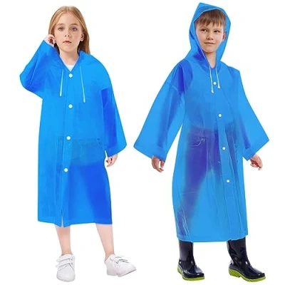 Abbildung von Vicloon Mädchen Regenmantel, 2 Stück Regenponcho Kinder, Wiederverwendbar Transparent Regenmantel EVA, Atmungsaktiv Wasserdicht für Reisen, Wandern, Radfahren &amp; Camping(Blau)