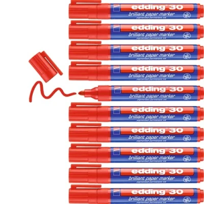 Abbildung von edding 30 Brillant Papiermarker rot 10 Permanent Marker wasserfest Rundspitze 1,5 3 mm leuchtende Farben lichtbeständige Markierung auf Papier, Karton, Kunststoff, Metall oder Glas