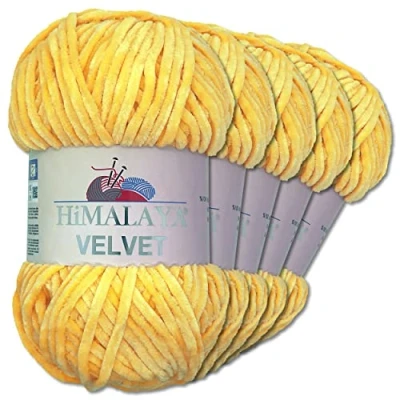 Abbildung von Wohnkult Himalaya 5 x 100 g Velvet Dolphin Wolle 40 Farben zur Auswahl Chenille Strickgarn Glanz Flauschgarn Accessoire Kleidung (90013 Gelb)