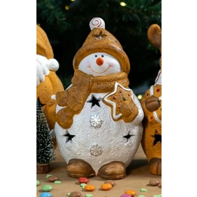 Abbildung von Keramik LED Figur Schneemann mit Keks 13 x 21cm Weihnachtsdeko Tisch Deko Dekofigur