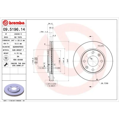 Abbildung von BREMBO COATED DISC LINE 09.5196.11 Bremsscheibe 247 20,4 4 innenbelüftet beschichtet mit Schrauben PEUGEOT: 206+ Schrägheck, 206 Schrägheck