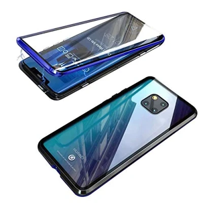 Abbildung von Schutzhülle für Huawei Mate 20 Pro, magnetische Adsorption, stoßfest, doppelseitig transparent, Hartglas, Schutzhülle, Aluminium, Metallrahmen, 360 Grad Schutz Blau