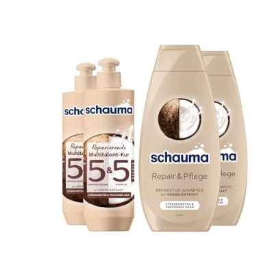 Abbildung von Schauma 5&amp;5 Reparierende Multitalent Kur (2x300 ml) Haarmaske Haarkur Splissversiegelung &amp; Schwarzkopf Reparatur Shampoo Repair Pflege (2x400 repariert Kokos Extrakt