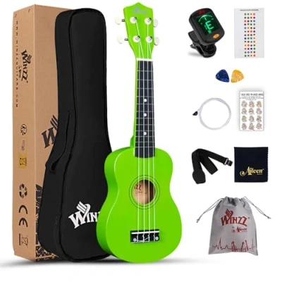 Abbildung von Winzz Sopran Ukulele Starter Kit für Anfänger mit Tasche, Clip On Tuner, Zusätzlichen Saiten, Gurt, Plektron, Griffbrettaufkleber, Akkord Karte, Poliertuch Hellgrün