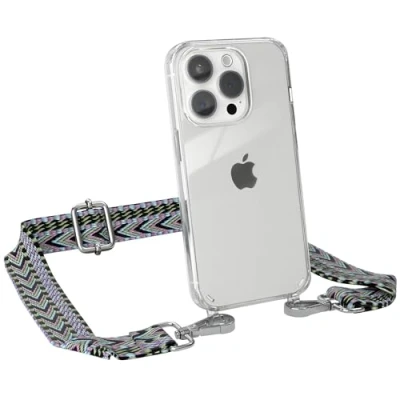 Abbildung von EAZY CASE Handykette mit verstellbarem Trageriemen für iPhone 15 Pro Taschengurt zum Wechseln transparenter Handyhülle Hülle dünner Schulterriemen in Lila Grün Silber