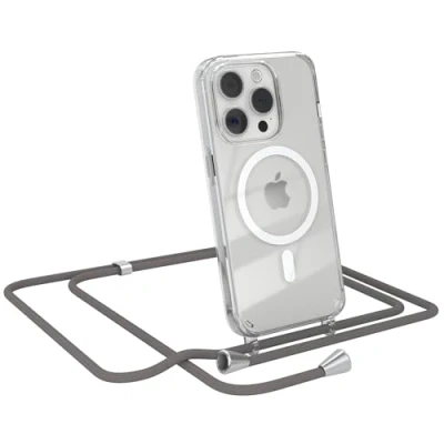 Abbildung von EAZY CASE Handykette kompatibel mit iPhone 15 Pro Kette zum Umhängen Stoßfest Handyhülle für Silikon Hülle Band Handytasche Transparent als Fallschutz in Anthrazit