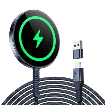 Abbildung von ESR HaloLock Mini kabelloses Ladegerät, kompatibel mit MagSafe für iPhone 16/16 Plus/16 Pro/16 Pro Max/15/14/13 Serie, Airpods 4, starker Magnetverschluss, verstärktes Nylonkabel, Blau