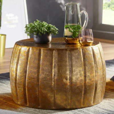 Abbildung von Wohnling Couchtisch 60x36x60 cm Aluminium Gold Beistelltisch orientalisch rund, Flacher Sofatisch Metall, Design Wohnzimmertisch modern, Loungetisch Stubentisch klein
