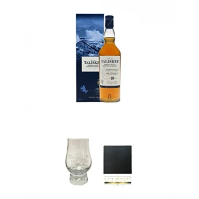 Abbildung von Talisker 10 Jahre Isle of Skye Single Malt Whisky 0,7 Liter + Glas mit Eichstrich 4 cl Schiefer Glasuntersetzer eckig ca. 9,5 cm Durchmesser
