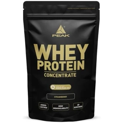 Abbildung von PEAK Whey Protein Concentrat 900g Geschmack Strawberry I 30 Portionen Proteinquelle: ultrafiltriertes Molkenprotein ohne Zuckerzusatz reich an EAAs zum Muskelaufbau