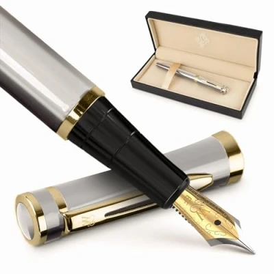 Abbildung von Wordsworth &amp; Black Füllfederhalter Set, Extra Fein Feder, Enthält 24 Tintenpatronen Und Tintennachfüllkonverter, Geschenketui [Silber Gold]