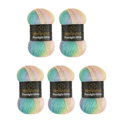 Abbildung von Moonlight Glitter Batik Simli 5 x 100g Strickwolle 500 Gramm Wolle zum Stricken und Häkeln 20% Metallic türkische Farbverlaufswolle Glitzerwolle (2900 grün rosa gelb pastell)