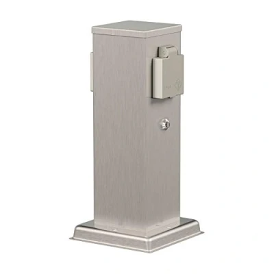 Abbildung von ledscom.de Garten Steckdosensäule Polly für Außen, IP44, Dämmerungssensor, 2 Fach, Edelstahl, eckig, 27 cm, Steckdosenpfosten, Versorgung Strom, Garten, Outdoor