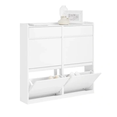 Abbildung von SoBuy Schuhkipper mit 4 Klappen Schuhablage Schuhschrank schmal Schuhregal Ablageflächen Schuhkommode Weiß BHT ca. 98x95x19cm FSR169 W
