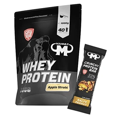 Abbildung von 1kg Mammut Whey Protein Eiweißshake Set inkl. Shaker, Riegel, Powderbank oder Tasse (Apple Strudel, Bar Salty Peanut)