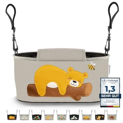 Abbildung von GRINSEZWERGE Kinderwagen Organizer 12 Motive mit Feuchttuchspender I Tasche Schultergurt Kinder Buggy Kinderwagentasche Aufbewahrungstasche Baby Stroller Bag grau Bär