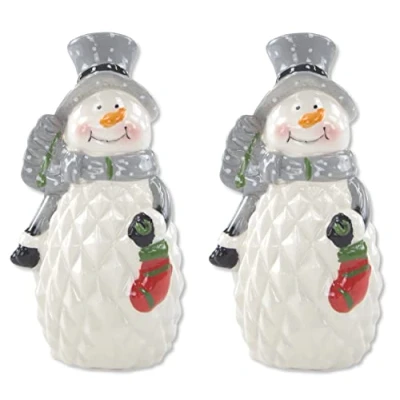 Abbildung von Keramik Figur Schneemann Grauer Hut 7,5 x 14cm Dekofigur Tisch Deko Weihnachtsdeko 2 Stück
