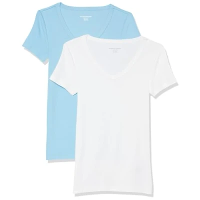 Abbildung von Amazon Essentials Damen Kurzärmeliges T Shirt mit V Ausschnitt, Schmale Passform, 2er Pack, Weiß/Hellblau, XXL