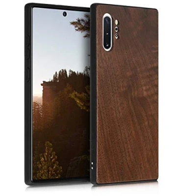Abbildung von kwmobile Hülle kompatibel mit Samsung Galaxy Note 10 Plus Holz Case stoßfestes Handy Cover TPU Handyhülle in Dunkelbraun