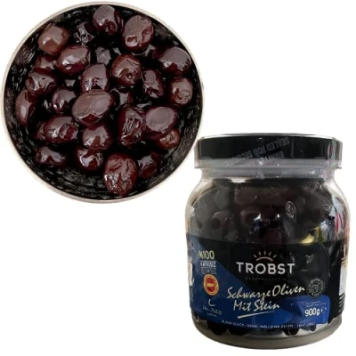 Abbildung von TROBST Schwarze Oliven 900 Gr Large mit Stein, Gemlik Olive, eingelegt in Salzlake, echte Tafelolive, Natürlich Gereift und Fermentiert, Aromatisch