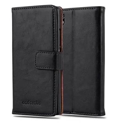 Abbildung von Cadorabo Hülle kompatibel mit Huawei Ascend P7 aus Premium Kunst Leder Flip Klappbare Stoßfeste Magnetische [Standfunktion] [Kartenfächern] Cover für Tasche in Schwarz