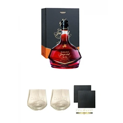 Abbildung von Carlos I Imperial 15 Jahre spanischer Brandy in GP 0,7 Liter + Glas Schiefer Glasuntersetzer eckig ca. 9,5 cm Ø 2 Stück