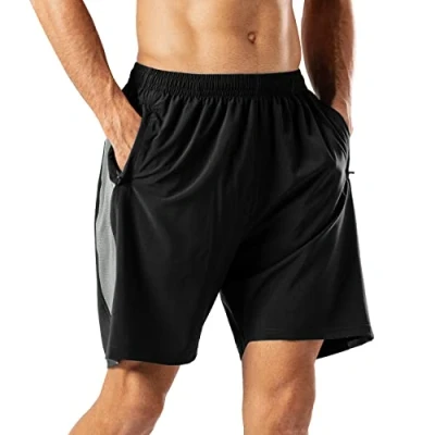 Abbildung von Herren Sport Shorts Schnell Trocknend Kurze Hose mit Reißverschlusstasch (Schwarz Grau,L)