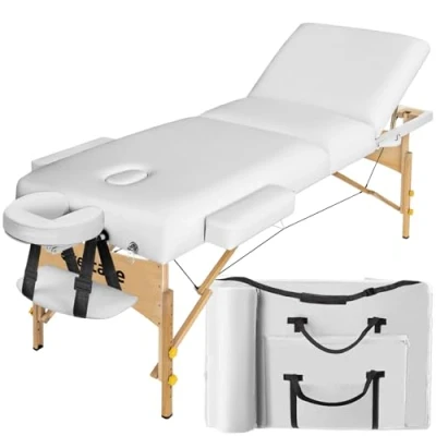Abbildung von tectake höhenverstellbare Massageliege 3 Zonen, klappbar, Massagetisch, 10 cm Polsterung, Mobile Massageliege, Kopf und Armstütze, Massagebank mit Holzfüßen, Zubehör Tragetasche weiß