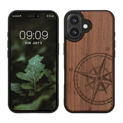 Abbildung von kwmobile Hülle kompatibel mit Apple iPhone 16 Holz Case Handy Cover TPU Handyhülle in Dunkelbraun Kompass Vintage