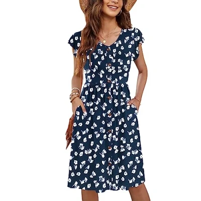 Abbildung von MOLERANI Button Down Sommer Kleider Rüschen Ärmel V Ausschnitt Casual Swing Elastische Taille Midi Kleid mit Taschen tiefen Blumen Navy M