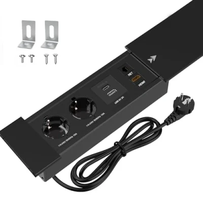 Abbildung von CHENGPI Tischsteckdose,Unterputz Steckdose mit 2 Steckdosen+USB+Type C PD18W + HDMI TD Netzwerkschnittstelle,Aluminium Tischplatte Schiebedeckel Versenkte Schwarz,1.8M Kabel