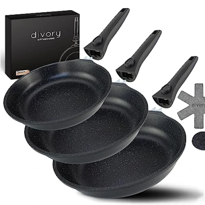 Abbildung von divory Pfannen set 20, 24, 28 cm abnehmbarer Griff, Antihaft Pfanne induktion hoher Rand, Aluminium (Antihaftbeschichtete Bratpfanne, beschichtete hoch, 3 tlg), Induktionspfanne non stick Frying Pan