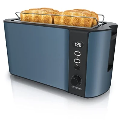 Abbildung von Arendo Edelstahl Toaster Langschlitz 4 Scheiben Defrost Funktion wärmeisolierendes Gehäuse mit integrierten Brötchenaufsatz Krümelschublade Display Restzeitanzeige Admiral Blau