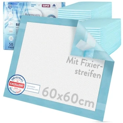 Abbildung von Inkontinenzauflage Bettunterlage mit Fixierstreifen, saugstarke Krankenunterlagen Harmony Care, rutschfeste Inkontinenzunterlagen einweg Nässeschutzauflage