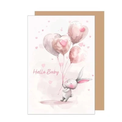Abbildung von Edition Seidel Premium Glückwunschkarte zur Geburt mit Umschlag. Karte Grußkarte Babykarte Billet Hello Baby Junge Mädchen Kind Hase Luftballons rosa (E282 SW024)