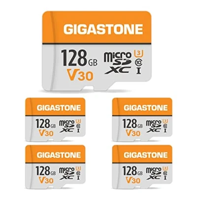 Abbildung von Gigastone 128GB MicroSDXC Speicherkarte 5er Pack + SD Adapter, für Gopro, Action Kamera, Drohne, DJI, Tablet, Switch bis zu 95MB/s, UHS I U3 V30 Klasse 10, 4K UHD Video Micro Karte