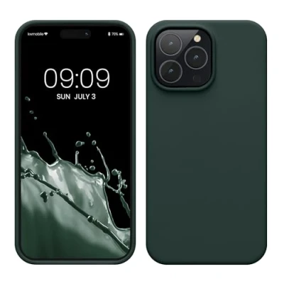 Abbildung von kwmobile Hülle für das iPhone 14 Pro Max dünnes Silikon Handy Case stoßfeste Handyhülle mit weicher Oberfläche unterstützt kabelloses Laden Moosgrün