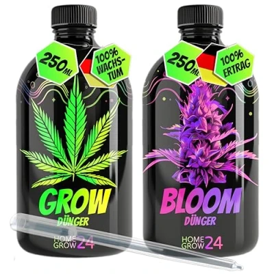 Abbildung von HOMEGROW24 Cannabis Dünger Duo Grow und Bloom Flüssig NPK Pflanzendünger für Indoor, Outdoor &amp; Autoflower Growbox geeignetes Hanf Anbau Set (2x250ml)