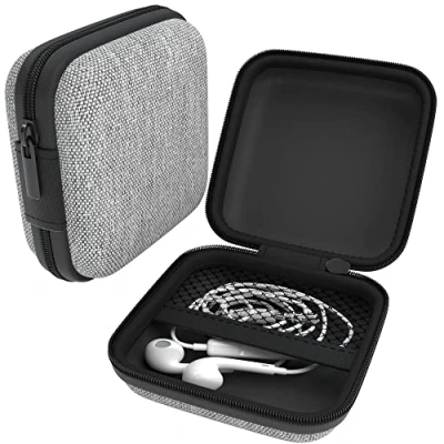 Abbildung von EAZY CASE Universal Tasche für In Ear Kopfhörer mit Netzfach Hardcase Aufbewahrungsbox, Schutztasche umlaufenden Reißverschluss, extra klein, eckig, Hellgrau