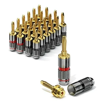 Abbildung von conecto CC50644 Bananenstecker High End Professionell (100% Kupfer!) für alle Lautsprecherkabel mit einem Durchmesser von max. 6mm², 24 Stück Farbcodierung (12x rot, 12x schwarz), 24k vergoldet