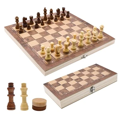 Abbildung von Schachspiel Holz Hochwertig, 3 In 1 Schach, Tragbare Schachbrett, Chess Board Klappbar, Abschließbarer Koffer, Set für Party Familie Aktivitäten,reiseschach, Kinder (29x29x2cm)