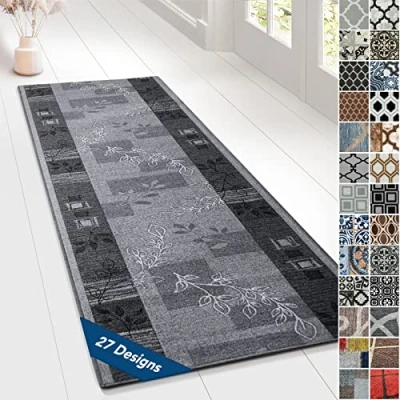 Abbildung von Floordirekt Teppichläufer mit Muster maßgefertigter Feinschlingen Teppich Läufer für Küche, Flur &amp; Wohnraum Ornament Vintage Orient Gitter (80 x 450 cm, Akzent Grau)