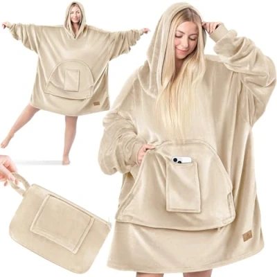 Abbildung von KESSER® Hoodie Decke Kuscheldecke mit Ärmeln Deckenpullover Vielseitig Tragbare zum Anziehen für Damen &amp; Herren, Sweatshirt Warm Kuschelpullover Erwachsene weich Ärmeldecke Oversize Beige