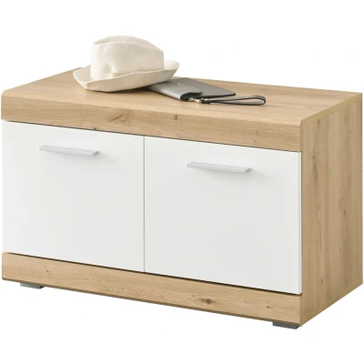 Abbildung von Stella Trading NOLA Schuhbank in Artisan Eiche Optik, Weiß Hochglanz Moderne Sitzbank mit Stauraum für Ihren Flur 80 x 49 38 cm (B/H/T)