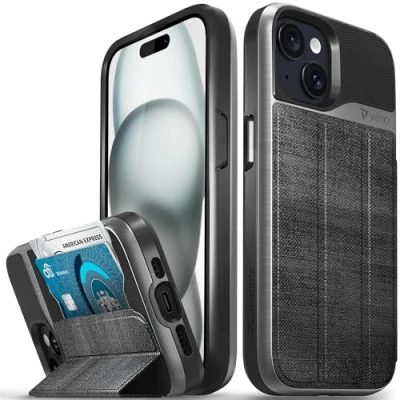 Abbildung von VENA vCommute Schutzhülle für iPhone 15, [Fallschutz in Militärqualität], Lederhülle, Kartenhalter mit Ständer, Schwarz Schiefer
